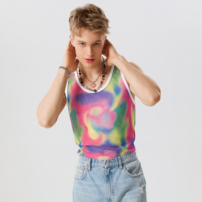 INCERUN Áo Ba Lỗ Cổ Tròn Nhuộm Màu Thời Trang Cá Tính Cho Nam