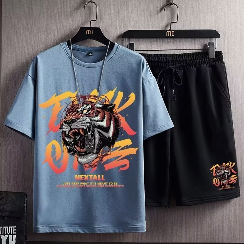 quần áo nam áo thun tay ngắn + quần đùi set đồ nam  In Họa Tiết Đầu Hổ Hoạt Hình Phong Cách Hong Kong Thời Trang Mùa Hè có size lớn M-5XL thoải mái cho nam