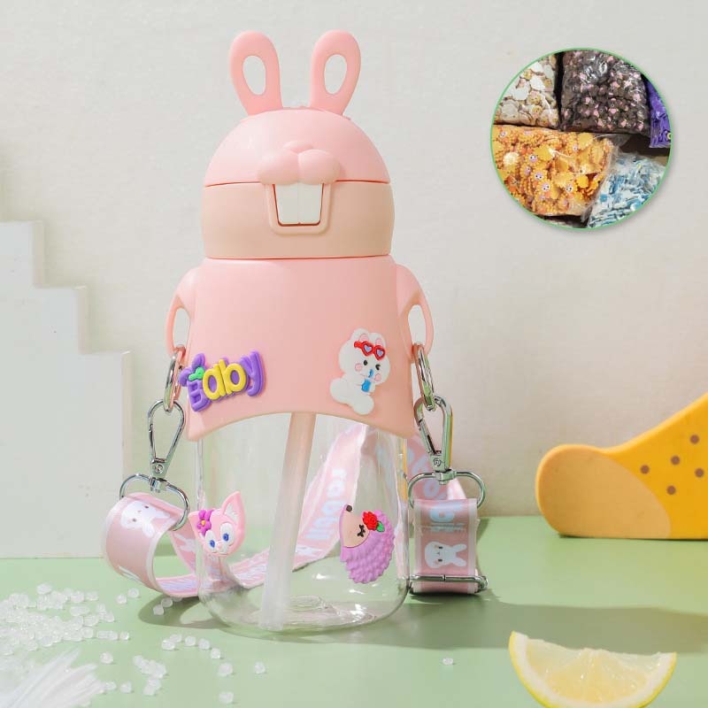 Bình Nước 600ml Hình Thỏ 3D Dễ Thương Có Nhãn Dán Trang Trí Di Động Cho Bé Gái