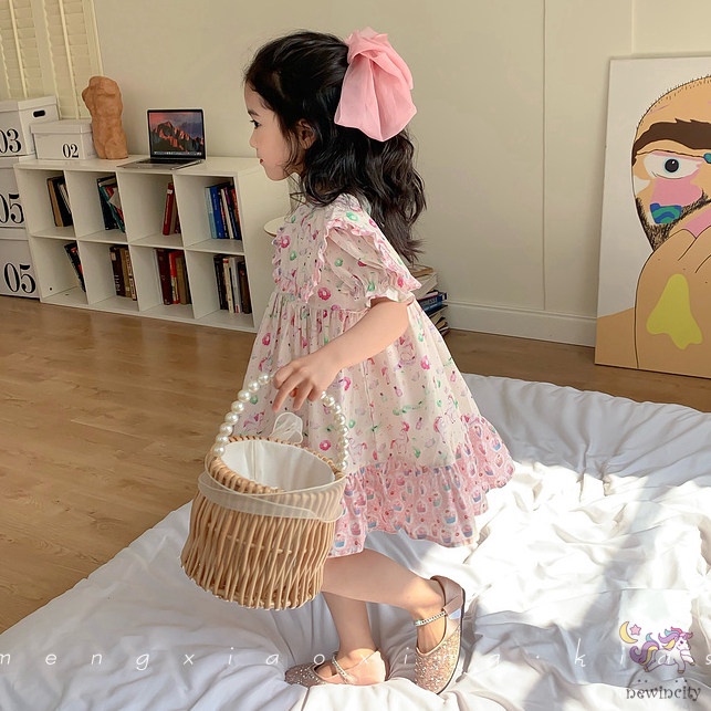 Đầm Công Chúa Mùa Hè Tay Cộc In Họa Tiết Kỳ Lân Bằng Vải Cotton Phong Cách Hàn Quốc Cho