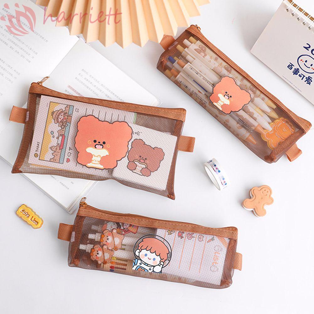 Túi lưới đựng bút trong suốt sức chứa lớn hình gấu nâu/ phi hành gia dễ thương tiện dụng
