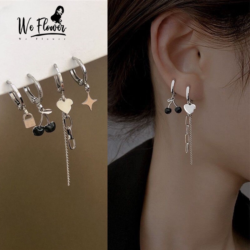 Set 4 khuyên tai WE FLOWER mặt trái tim quả cherry đen ngôi sao ổ khóa cá tính thời trang cho nữ