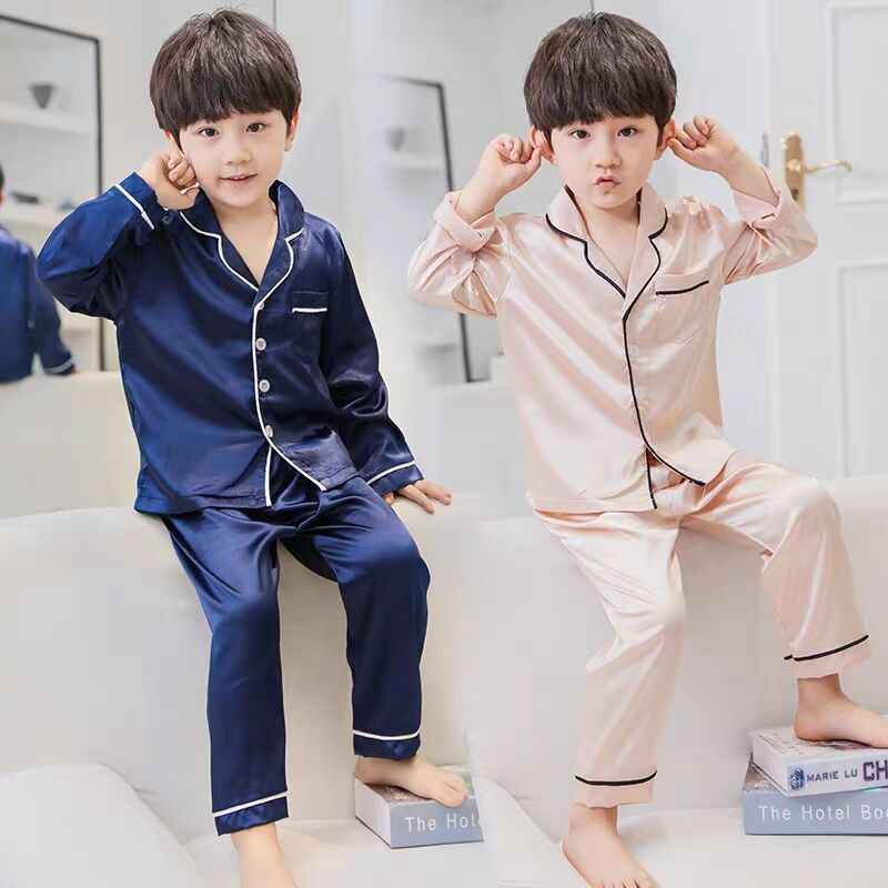 Bộ Đồ Ngủ Dài Tay Bằng Lụa Mát Thời Trang Xuân Thu Cho Trẻ Em Trai 6-16 Tuổi