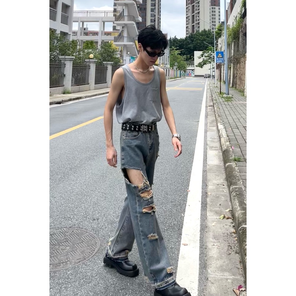 Yudonglin Quần Jean Ống Rộng Phối Rách Cá Tính Hợp Thời Trang Cho Nam