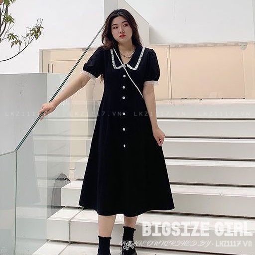 Đầm dáng dài qua gối Bigsize váy đen dài nữ tay ngắn cổ bèo mùa hè Phong cách Hàn Quốc Thời Trang tiểu thư cá tính xinh đẹp cho người mập béo nữ