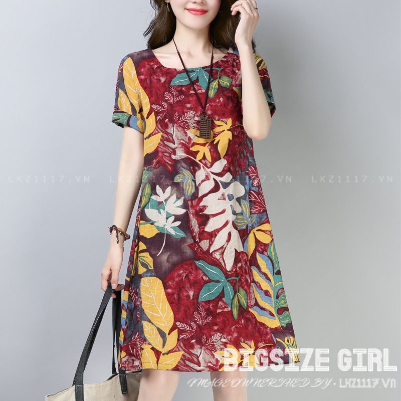 Đầm trung niên Bigsize Váy trung niên cho mẹ dáng suông tay ngắn cổ tròn mùa hè Phong cách Hàn Quốc Thời Trang tiểu thư cá tính xinh đẹp cho người mập béo