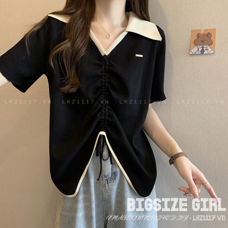 Áo thun nữ tay ngắn Bigsize Áo polo kiểu form rộng cổ chữ v thiết kế dây rút đen mùa hè Phong cách Hàn Quốc Thời Trang đẹp