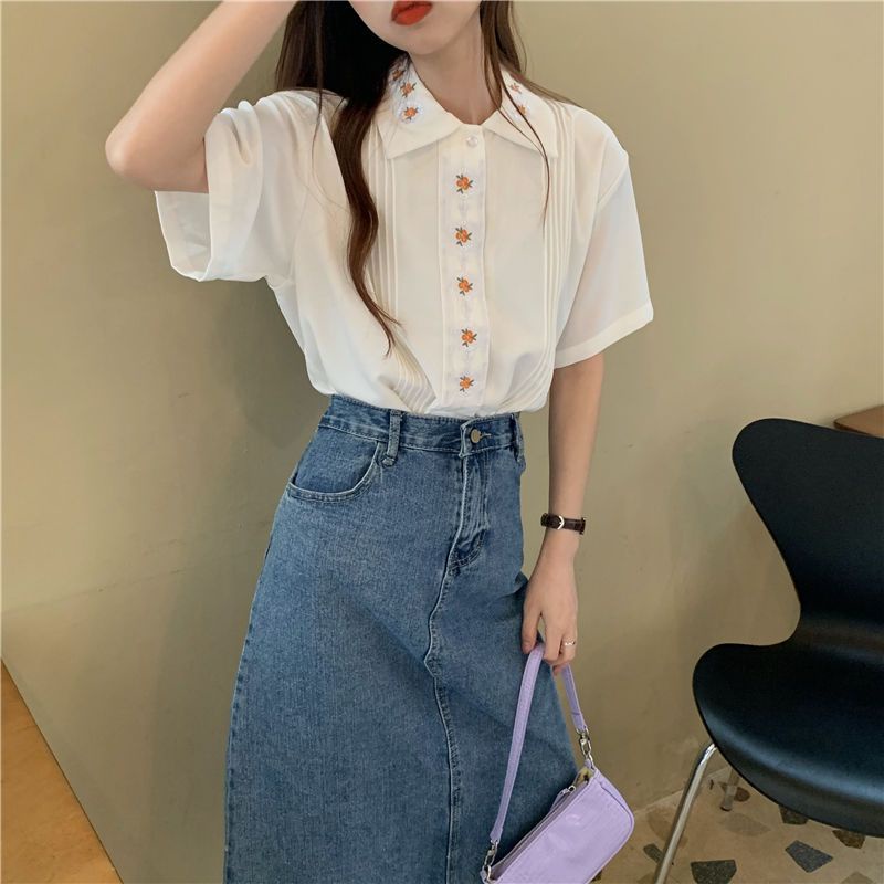Áo Sơ Mi Ngắn Tay Thêu Hoa Phong Cách Hong Kong Cổ Điển Thời Trang Mùa Hè Hàng Mới Dành Cho Bạn Nữ