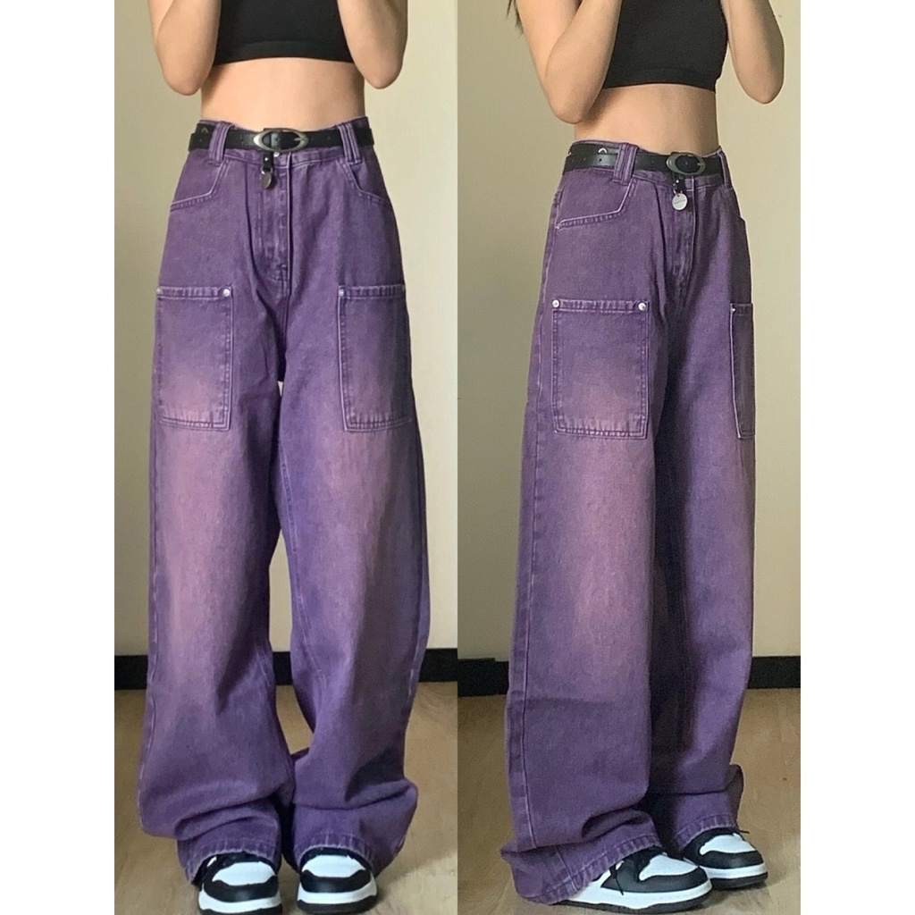 Quần Jean Ống Rộng Màu Tím Phong Cách Retro Đường Phố Mới Mùa Hè Cho Nữ