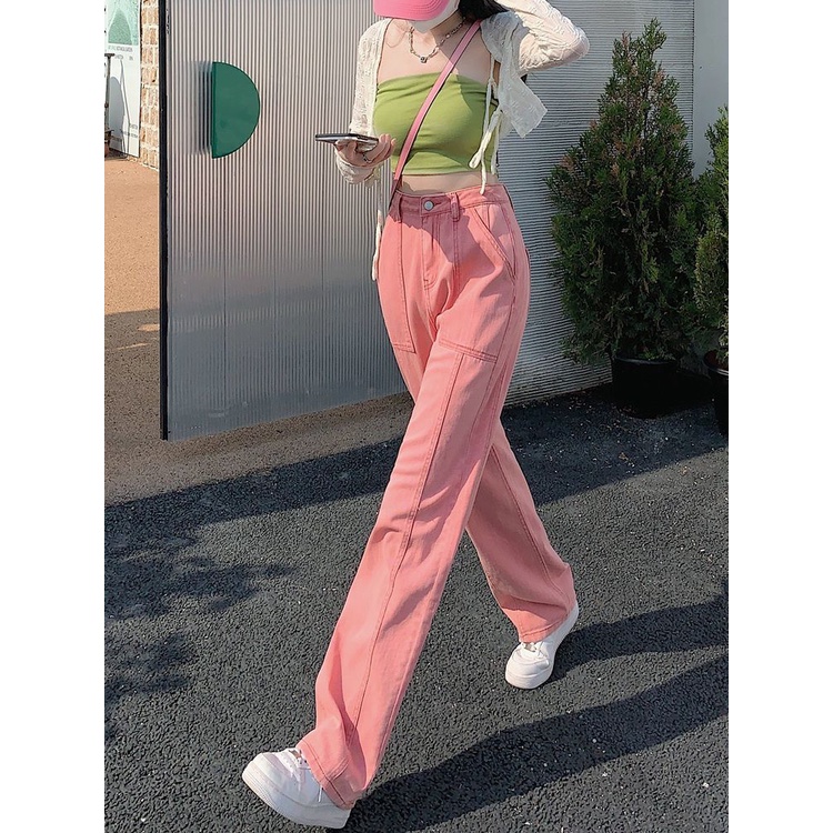 Quần Yếm Jean Ống Rộng Lưng Cao Màu Hồng Ngọt Ngào Cho Nữ