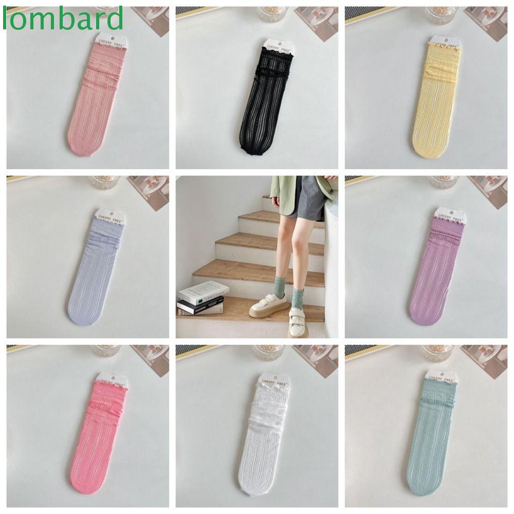 Đôi Vớ Dài Bằng Vải Cotton Mỏng Phối Ren Màu Kẹo Dễ Thương Dành Cho Nữ