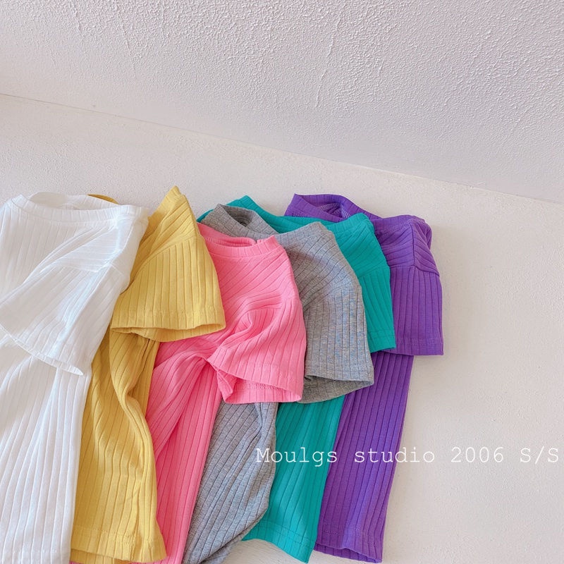 Áo Thun Tay Ngắn Cổ Tròn Họa Tiết Sọc Ngang Màu Sắc Ngọt Ngào Thời Trang Mùa Hè Xinh Xắn Cho Bé Gái