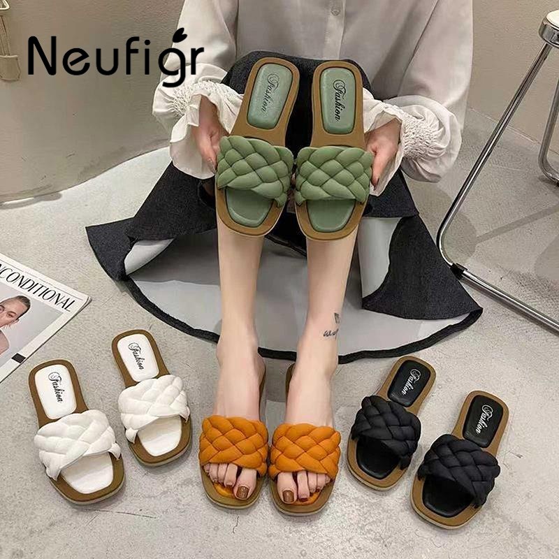 Big Size 36-40 Dép sandal để bằng miệng vuông hở ngón kiểu dệt thời trang kích thước thời trang đi biển cho nữ