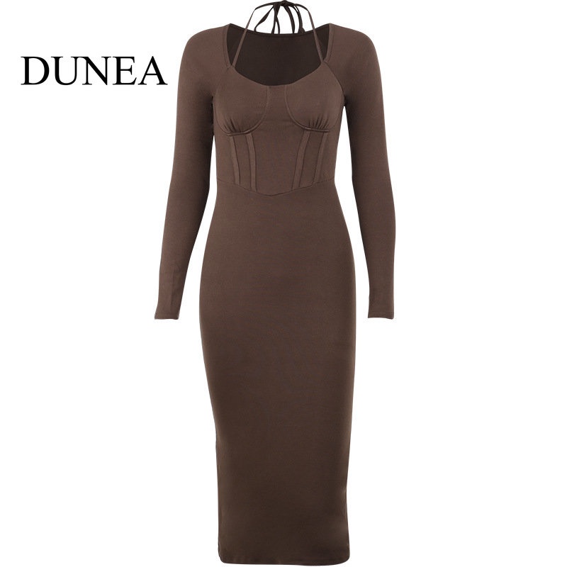 DUNEA Đầm Cổ Yếm DàI Tay Phong CáCh Vintage