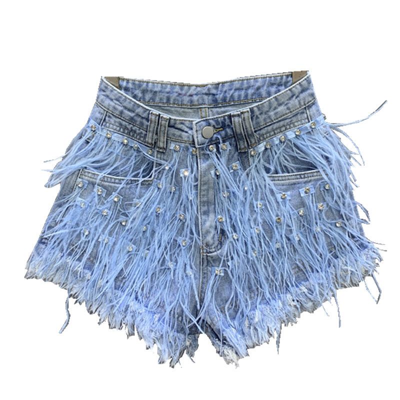 Hàng Châu Âu Mùa Hè 2023 Quần Short Denim Màu Xanh Nhạt Đính Kim Cương Phối Tua Rua Độc Đáo Hợp Thời Trang