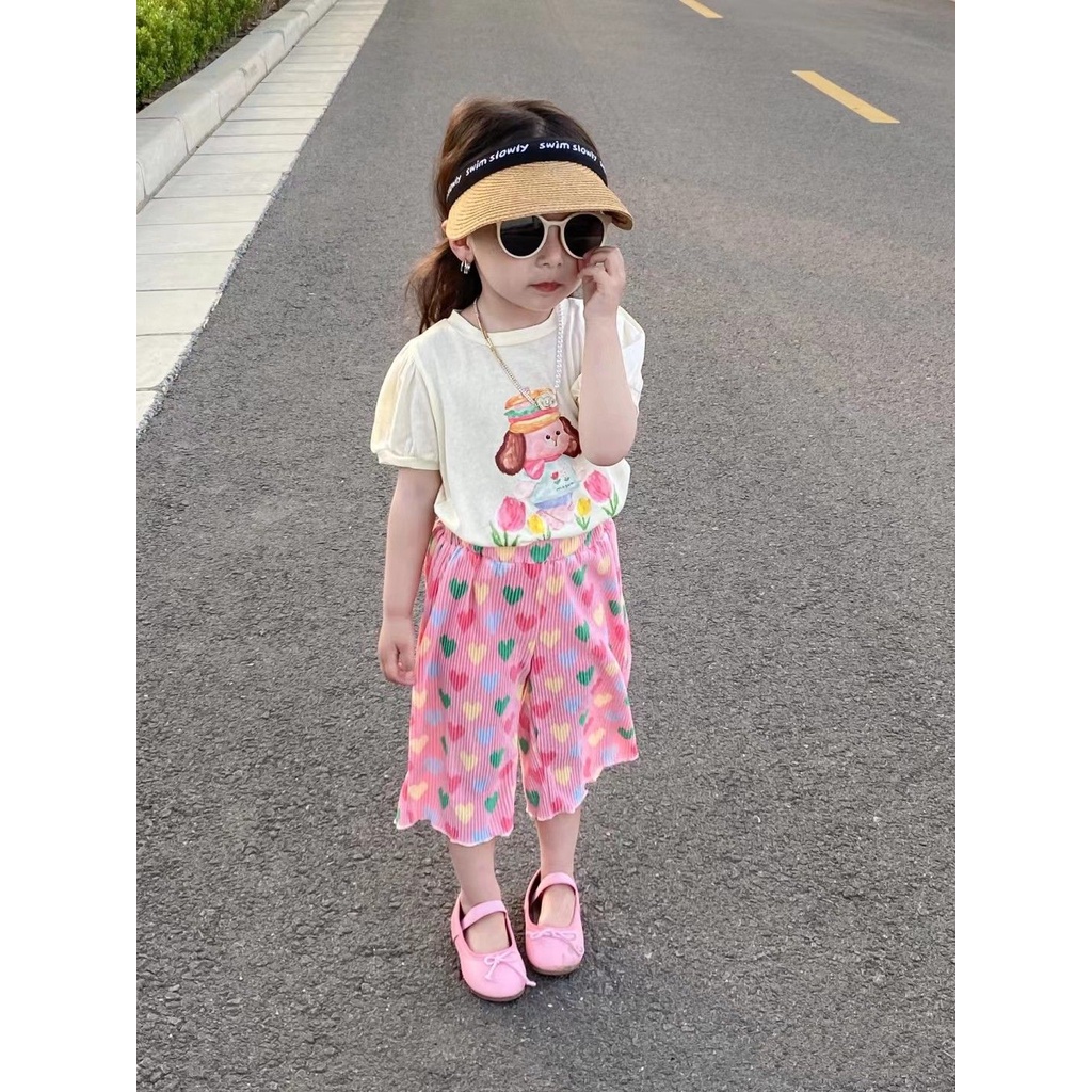 Set Áo Thun Ngắn Tay + Quần Dài Chống Muỗi In Họa Tiết Trái Tim Dễ Thương Thời Trang Mùa Hè Cho Bé Gái