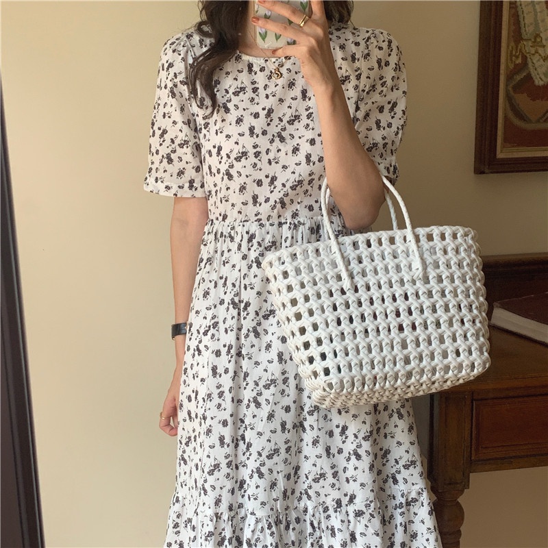 SUXI Đầm Midi Chữ A Tay Ngắn Họa Tiết Hoa Phong Cách Vintage Hàn Quốc Thời Trang Mùa Hè