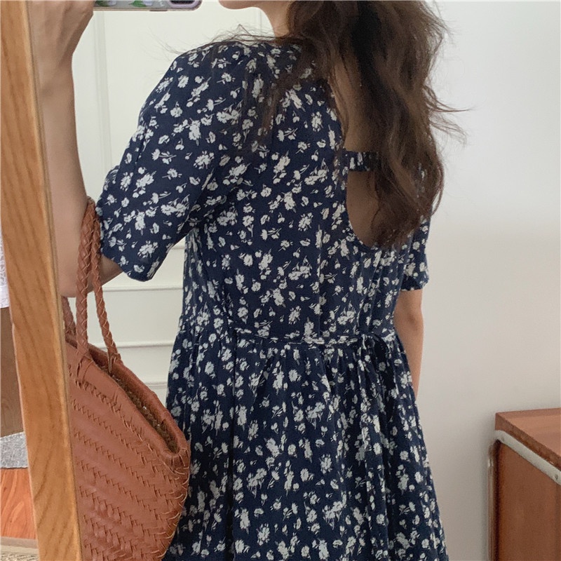 SUXI Đầm Midi Chữ A Tay Ngắn Họa Tiết Hoa Phong Cách Vintage Hàn Quốc Thời Trang Mùa Hè