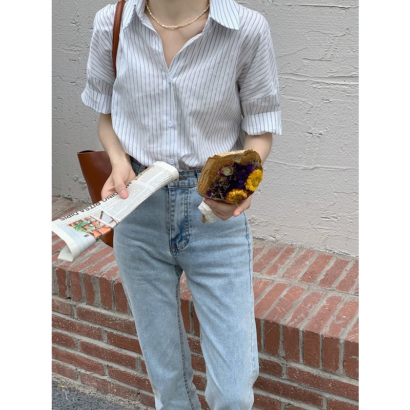 Áo Sơ Mi Tay Ngắn Họa Tiết Kẻ Sọc Thời Trang Mùa Hè Hàn Quốc 2023 Mới