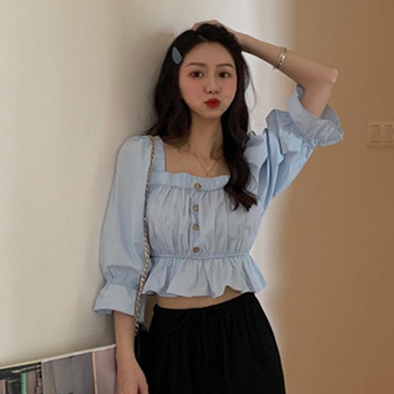 Áo Sơ Mi Cotton Nguyên Chất Cổ Vuông Tay Dài Phồng Xếp Ly Ôm Dáng Phong Cách Phương Tây Kiểu Mới