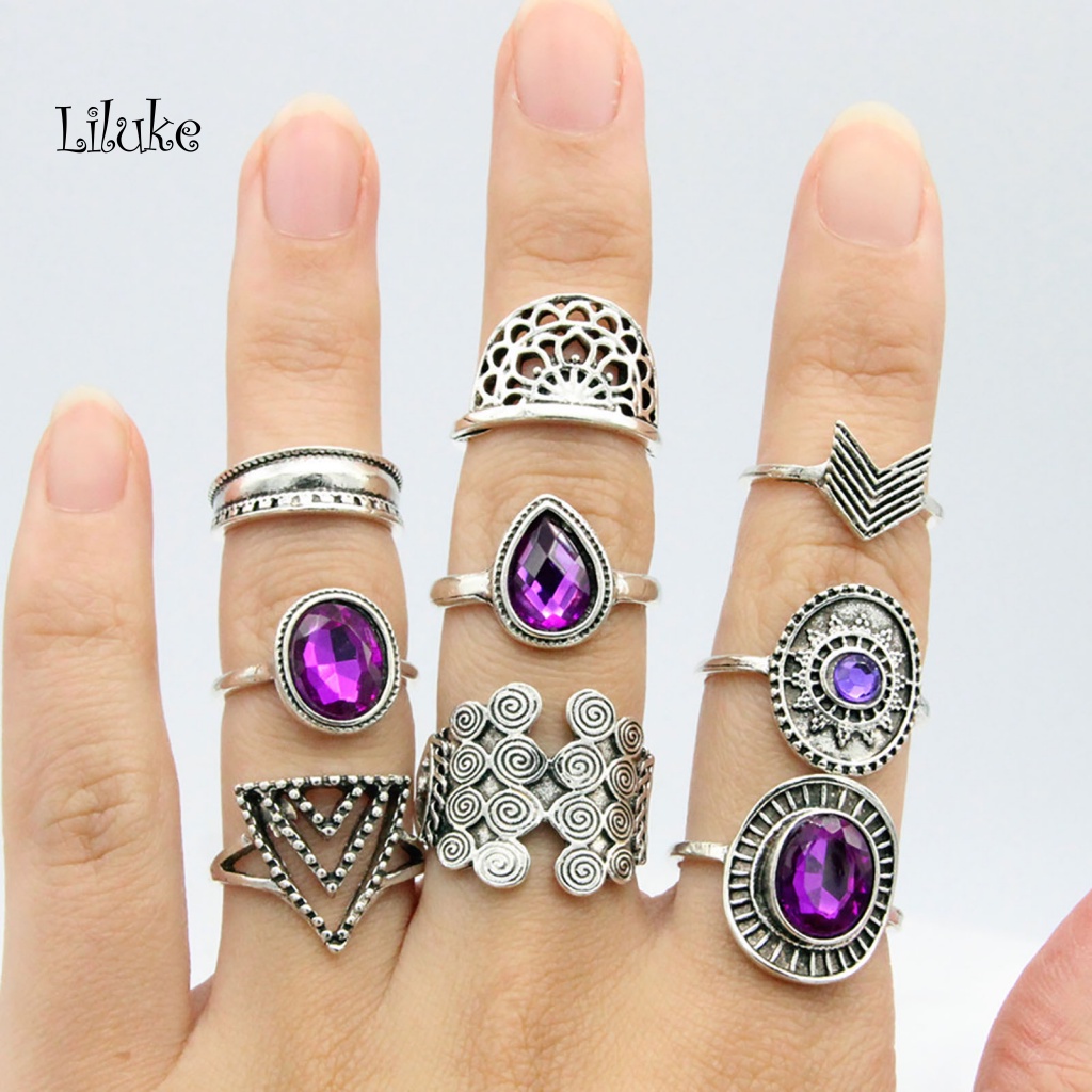 Bộ 9 Nhẫn Hợp Kim Trang Trí Đá Tím Phong Cách Bohemian Cho Nữ