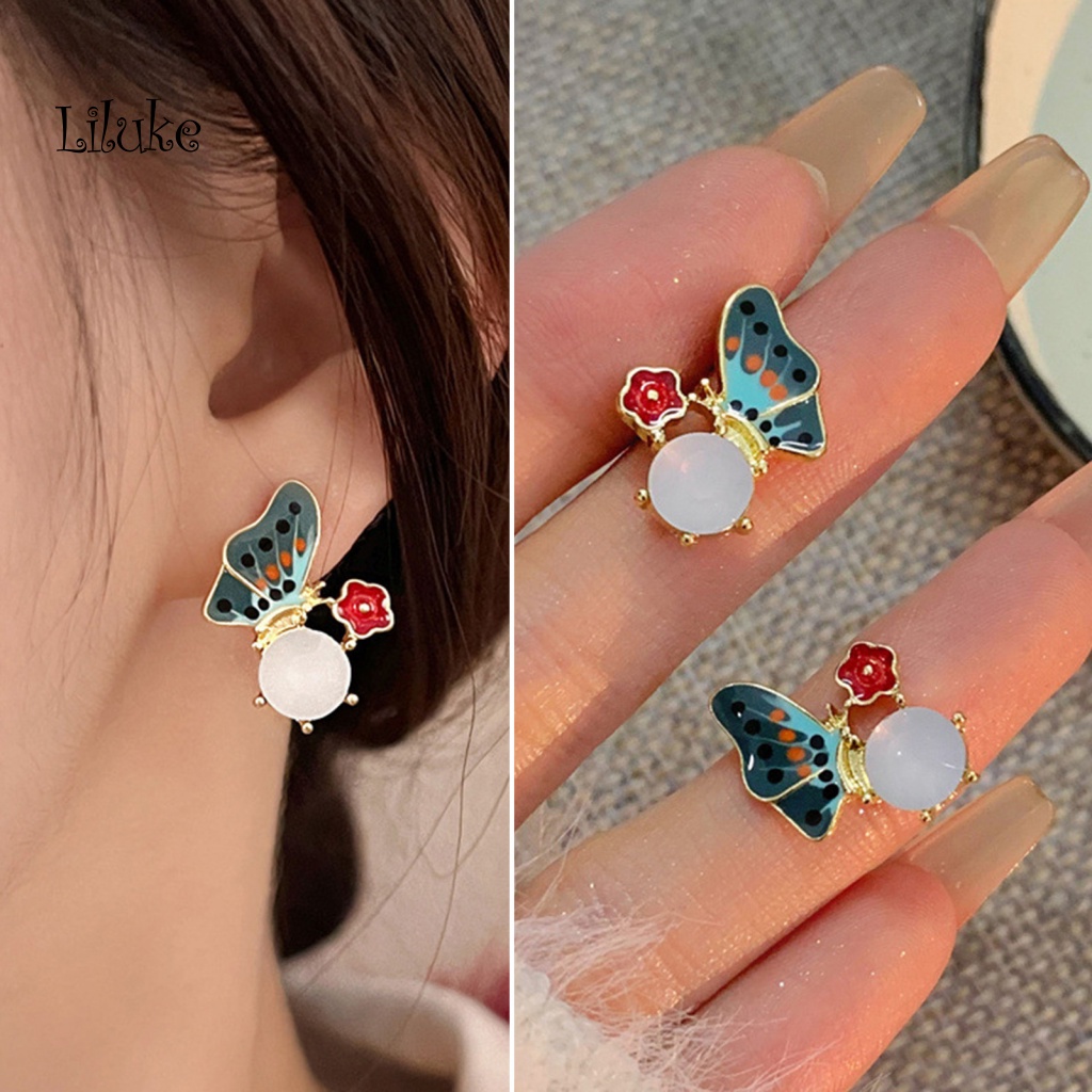1 Đôi Bông Tai Hình Hoa Và Bướm Tráng Men Màu Sắc Lấp Lánh Phong Cách Pháp