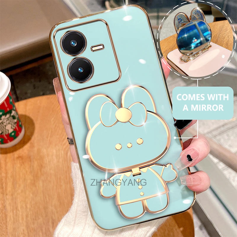 Ốp lưng vivo y22 y22s Ốp Điện Thoại Mạ Điện Hình Thỏ 3D Có Giá Đỡ Xoay 360° Độ Ốp Điện Thoại silicone Tự mang gương