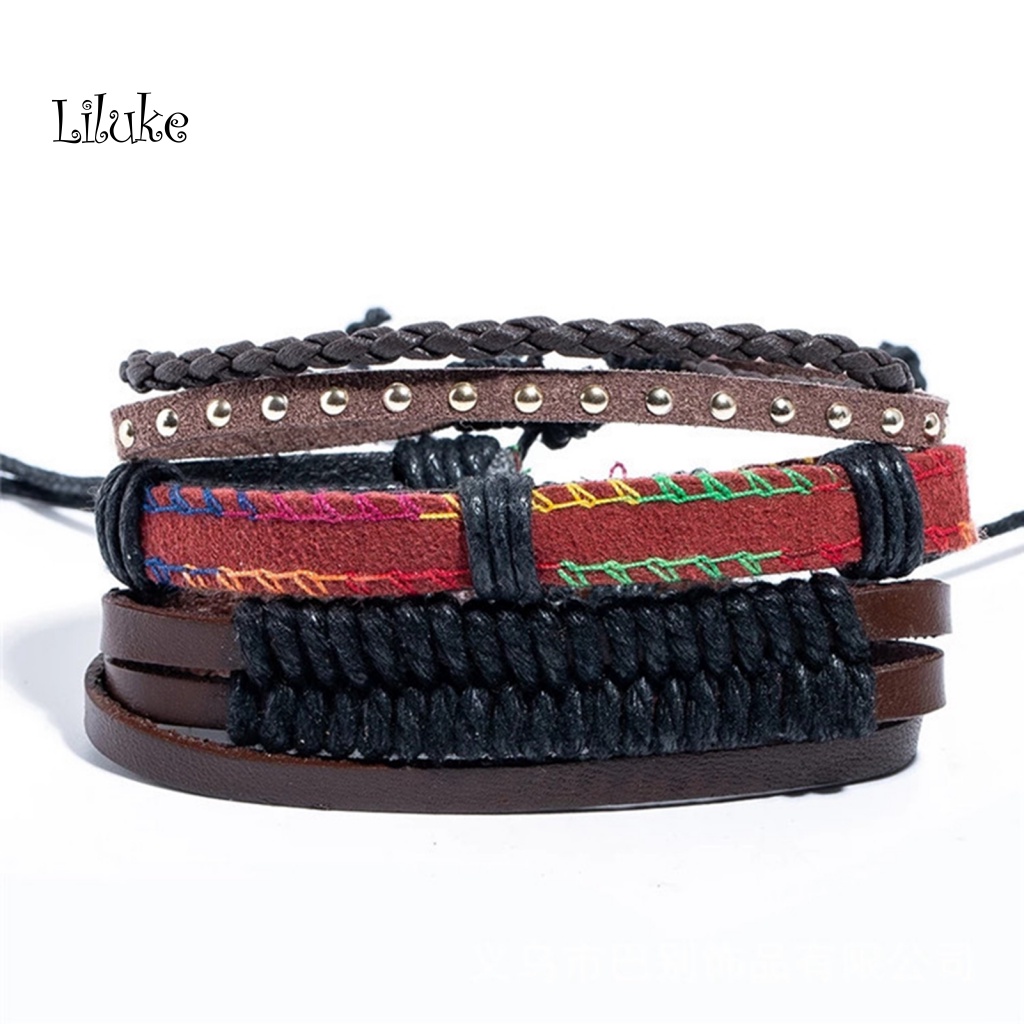 Set 4 Vòng Tay Dây Bện Giả Da Nhiều Lớp Màu Trơn Unisex