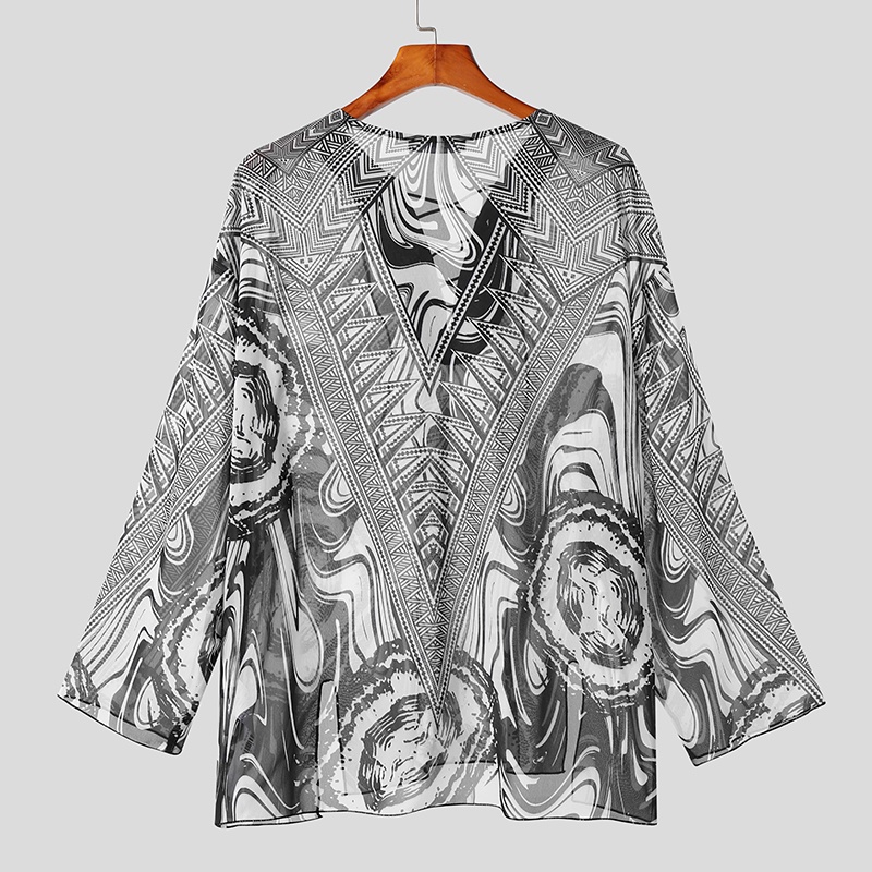 Áo Chiffon Tay Dài Cổ Chữ V Phối Dây Rút In Họa Tiết Phong Cách Vintage