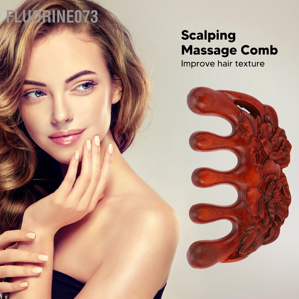Fluorine073 Lược Massage Gỗ Thủ Công Da Đầu Cầm Tay Răng Rộng Họa Tiết Hoa Cơ