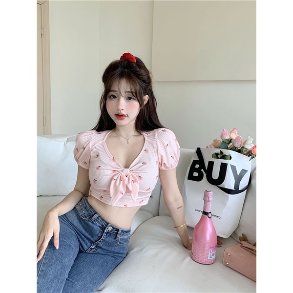 Áo Thun Lửng Ngắn Tay Cổ v Thắt Nơ Eo Thời Trang Nữ Tính