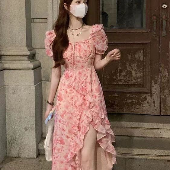 Đầm Hoa Cổ Vuông Tay Ngắn 2 Dây Xẻ Tà Thời Trang Mùa Hè Xinh Xắn Cho Nữ