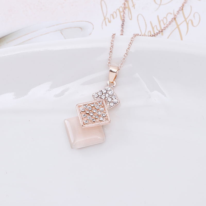 Bộ Vòng cổ + Đôi Khuyên Tai Mặt Vuông Đính Đá Opal Thời Trang Cho Nữ