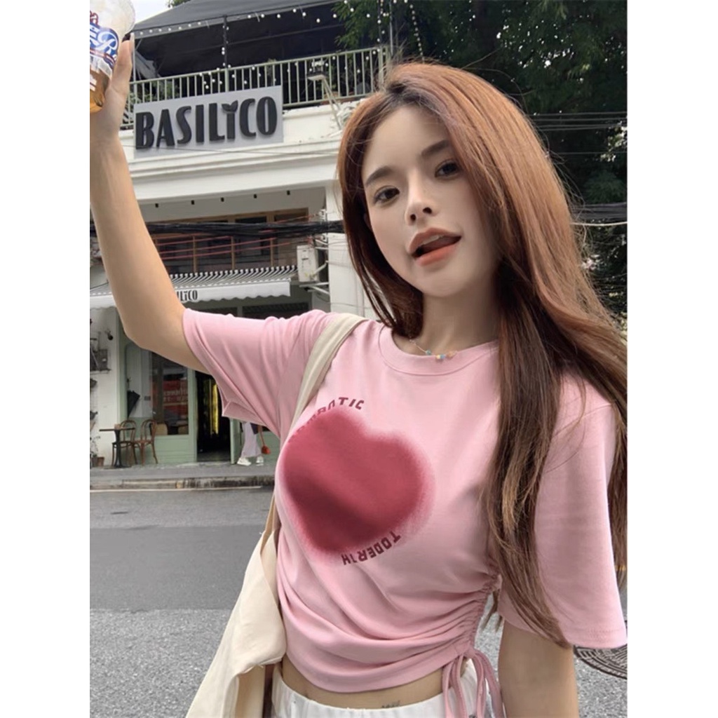 Áo thun baby tee nữ có dây rút họa tiết trái tim chất liệu cotton co giãn phong cách năng động