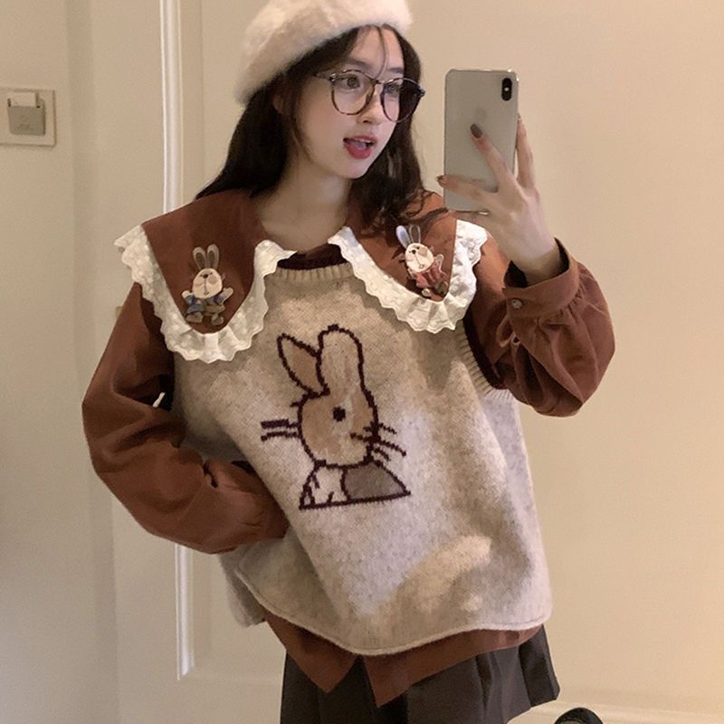 Set Áo Sơ Mi Cổ Búp Bê + Áo Len Không Tay Họa Tiết Thỏ Hoạt Hình Dễ Thương