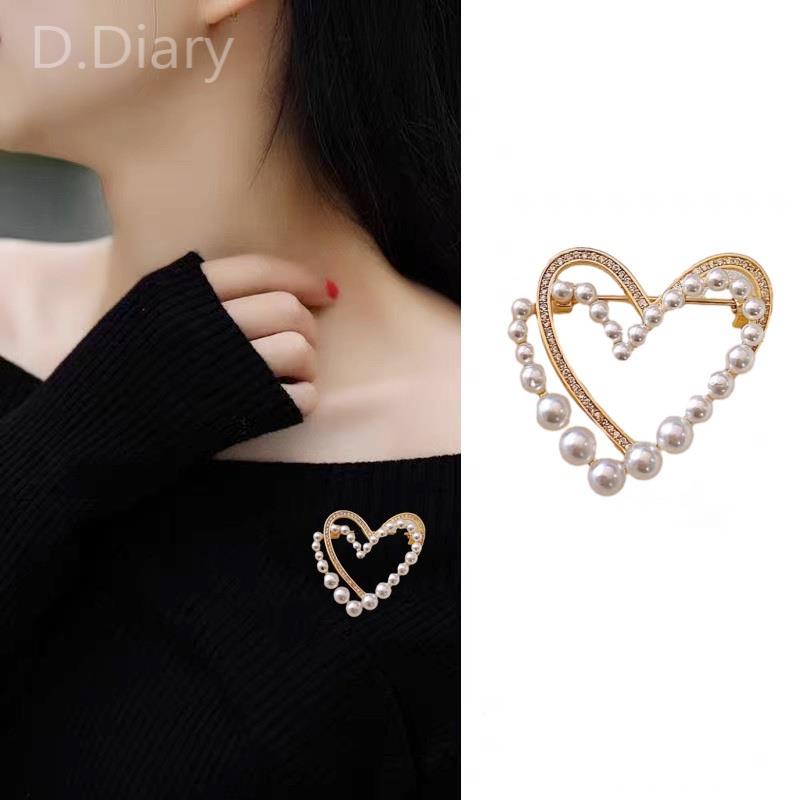 Ghim Cài Áo Hợp Kim Kẽm Hình Trái Tim Đính Ngọc Trai Vàng Thời Trang Cao Cấp