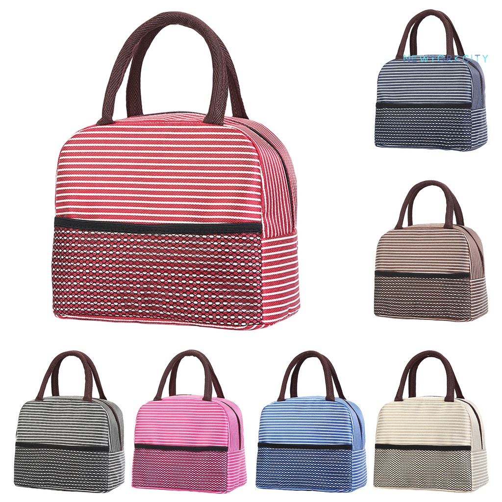 Túi Đựng Hộp Cơm Trưa Giữ Nhiệt Họa Tiết Kẻ Sọc Sức Chứa Lớn Có Khóa Kéo Cho Trường Học
