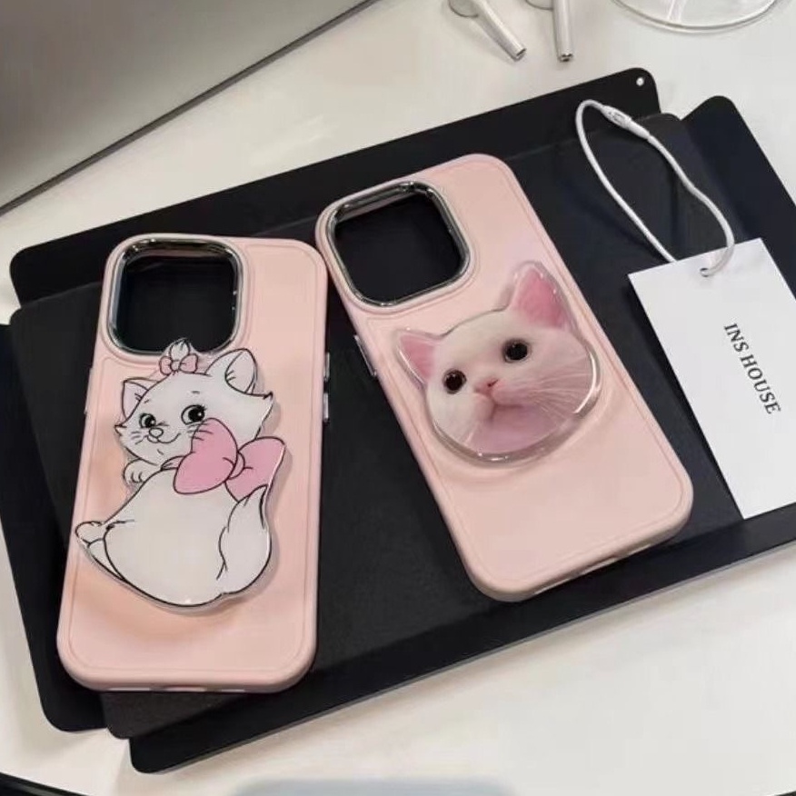 Ốp Điện Thoại Dẻo Màu Hồng Kèm Giá Đỡ Hình Mèo Mary Dễ Thương Cho for  iPhone 14 14Plus 13 12 11 Pro Max XR IX