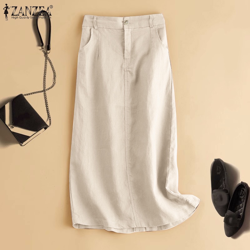 Zanzea Chân Váy Cotton Lưng Cao Có Túi Trước Thời Trang Hàn Quốc Cho Nữ