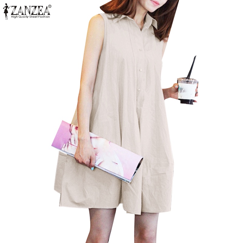 Zanzea Đầm Nữ Cộc Tay Cổ Bẻ Thời Trang Hàn