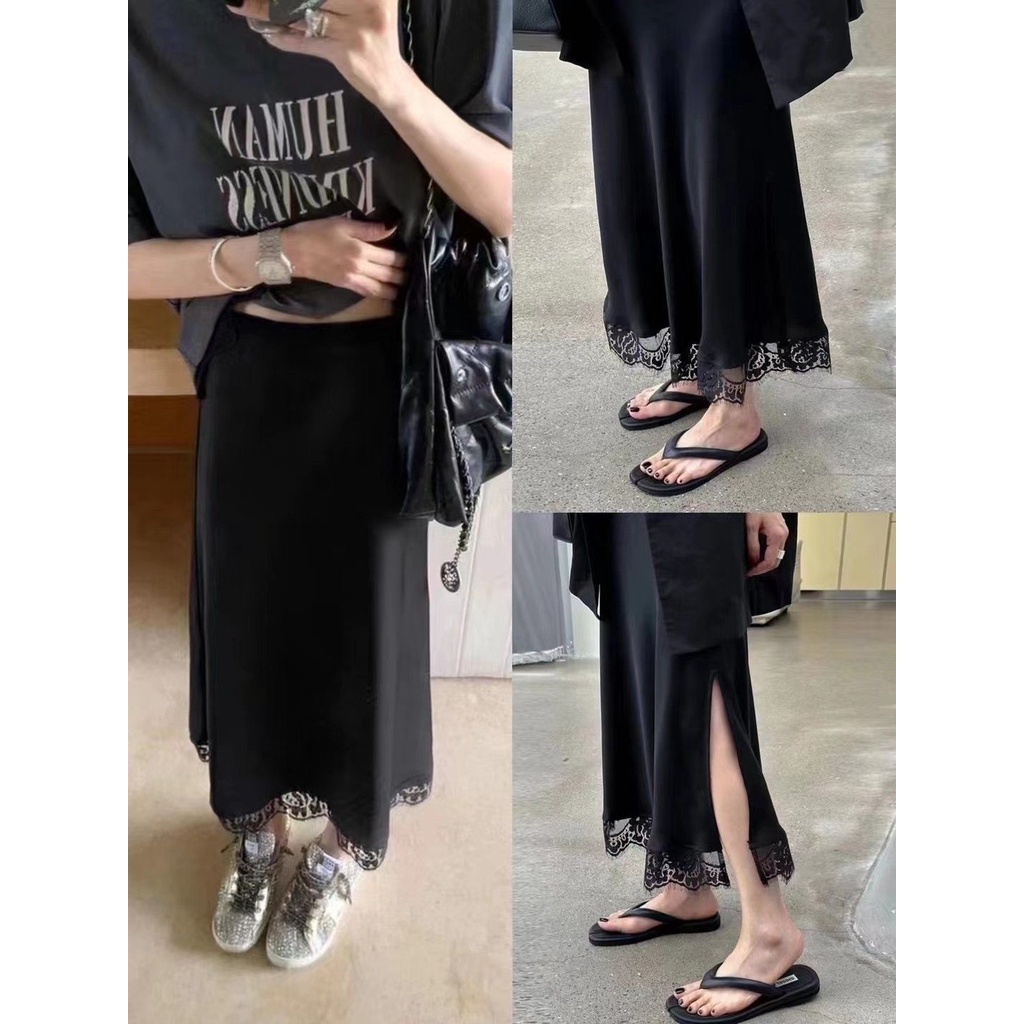 [Hàng Có Sẵn] Chân Váy Lụa Dài Mỏng Xẻ Tà Viền Ren Dễ Phối Đồ Khí Chất