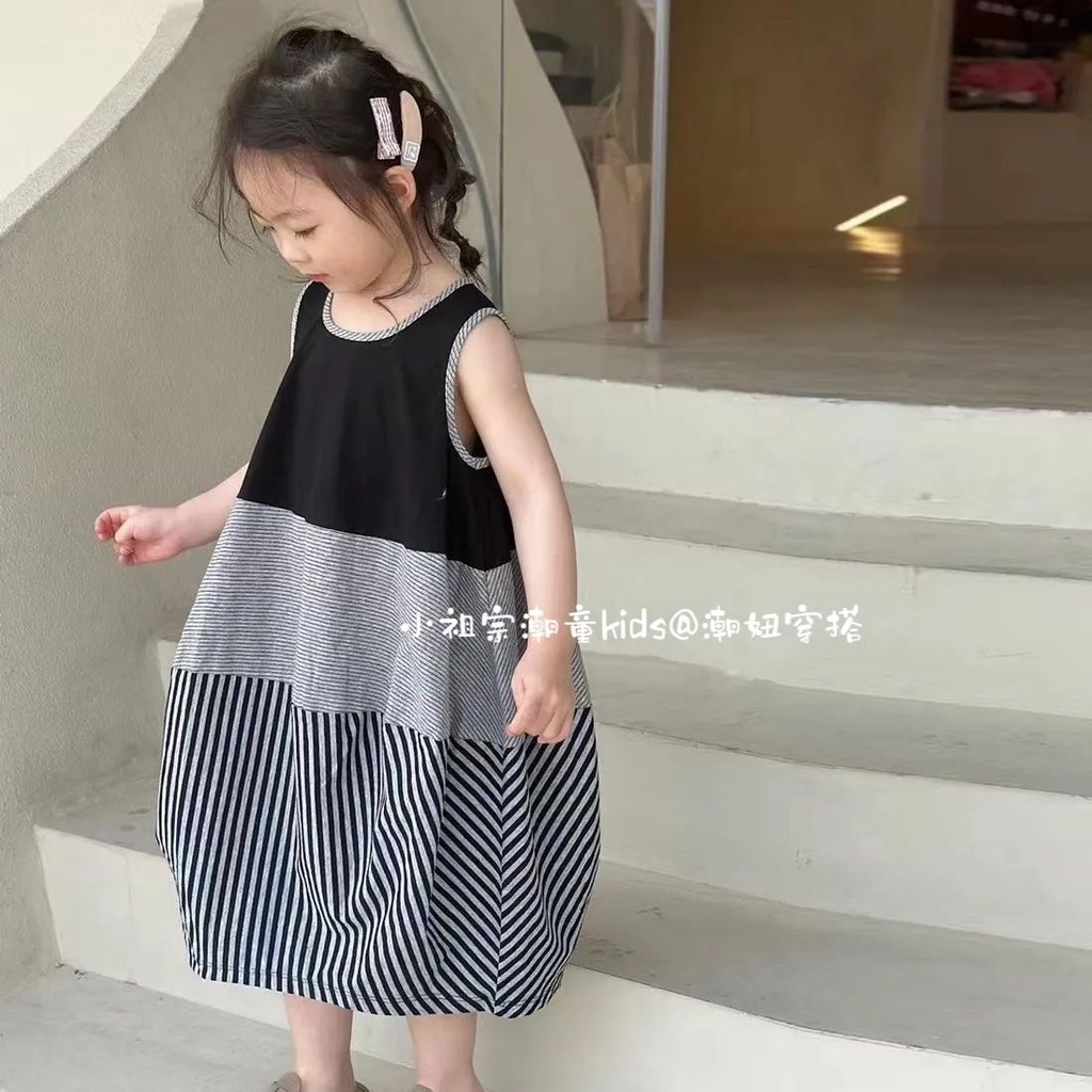 Đầm Không Tay Dáng Rộng Màu Tương Phản Thời Trang Mùa Hè 2023 Phong Cách Nhật Bản Mới Cho Bé Gái
