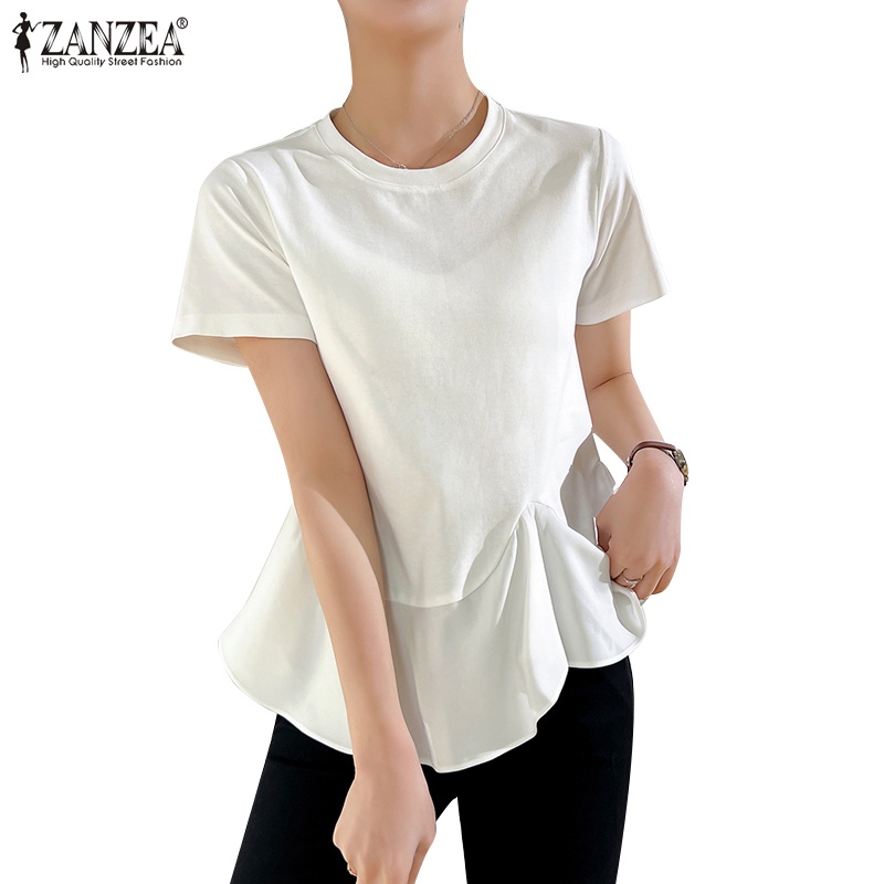 Áo thun nữ ZANZEA ngắn tay cổ tròn vạt lệch thời trang