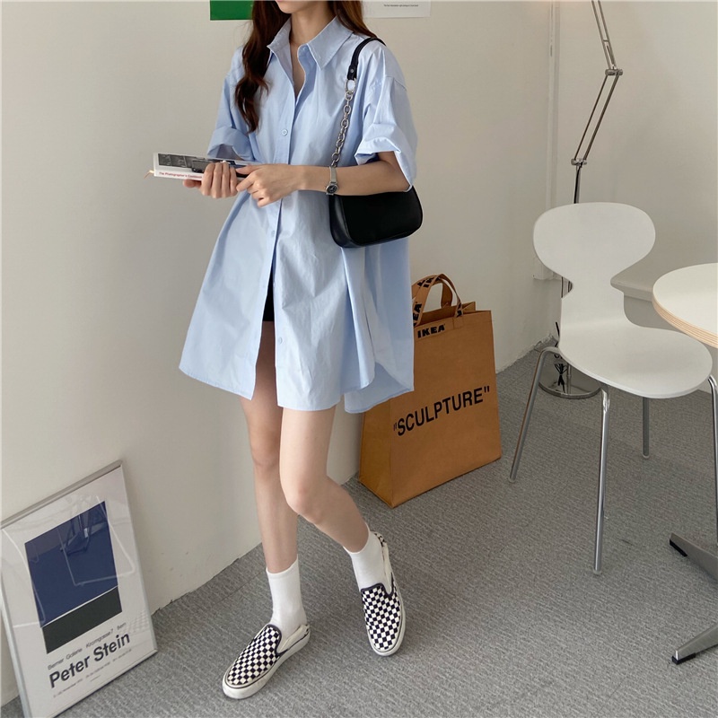 Đầm Sơ Mi Tay Ngắn Dáng Ôm Màu Sắc Đơn Giản Phong Cách Hàn Quốc Thời Trang Cho Nữ