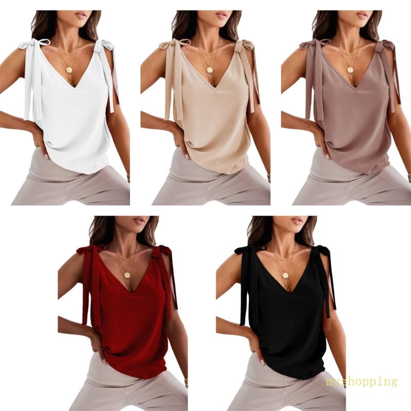 Áo Tank Top Hai Dây Cổ Chữ V Sâu Màu Trơn Thắt Nơ Cho Nữ