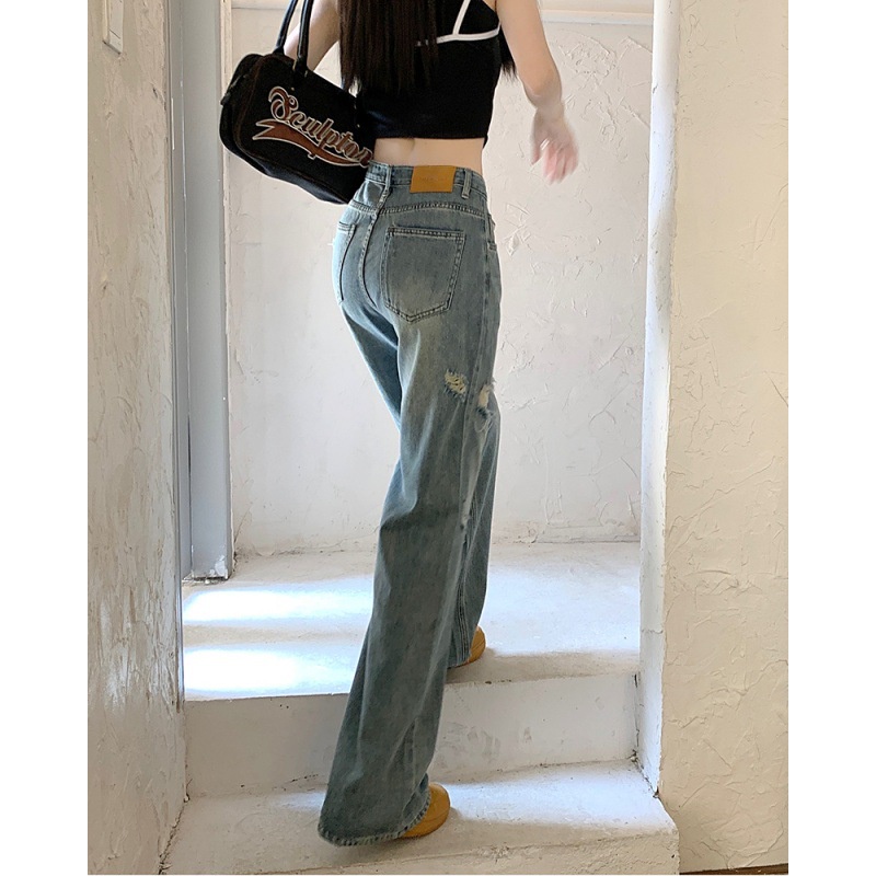 Quần Jeans Nữ Lưng Cao Ống Rộng Rách Gối Cá Tính