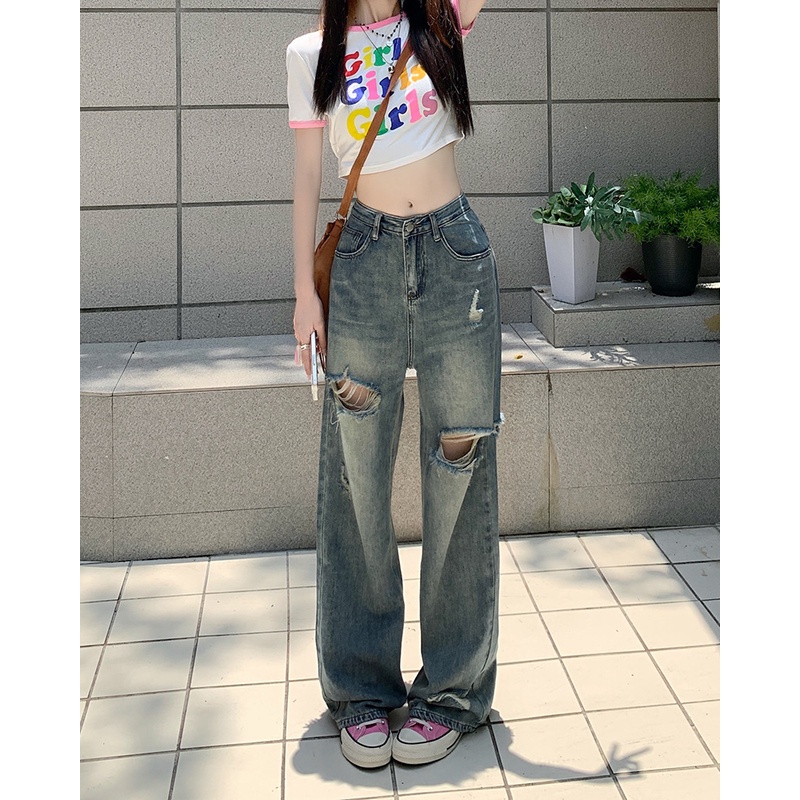 Quần Jeans Nữ Lưng Cao Ống Rộng Rách Gối Cá Tính