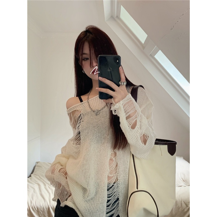 Áo Dệt Kim Mỏng Chui Đầu Thiết Kế Rách Phong Cách Hàn Quốc Thời Trang Cho Nữ