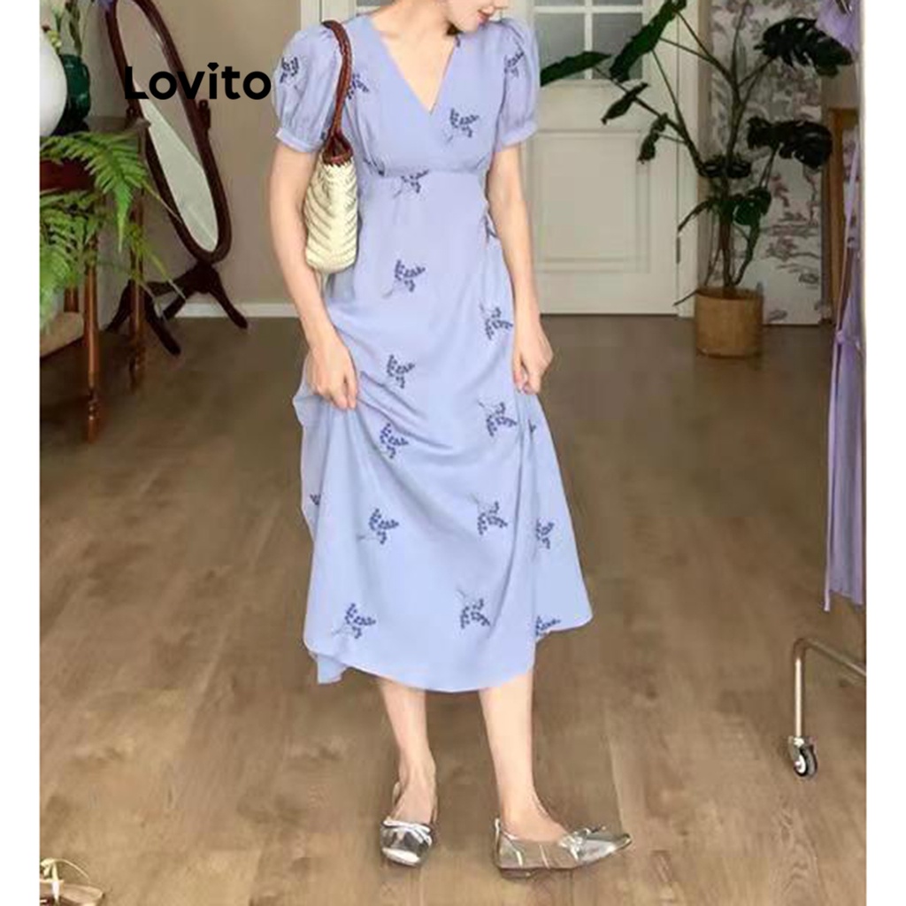 Đầm midi Lovito dáng chữ A tay ngắn cổ chữ V ôm dáng họa tiết hoa thường ngày cho nữ LNA08036 (màu xanh dương)