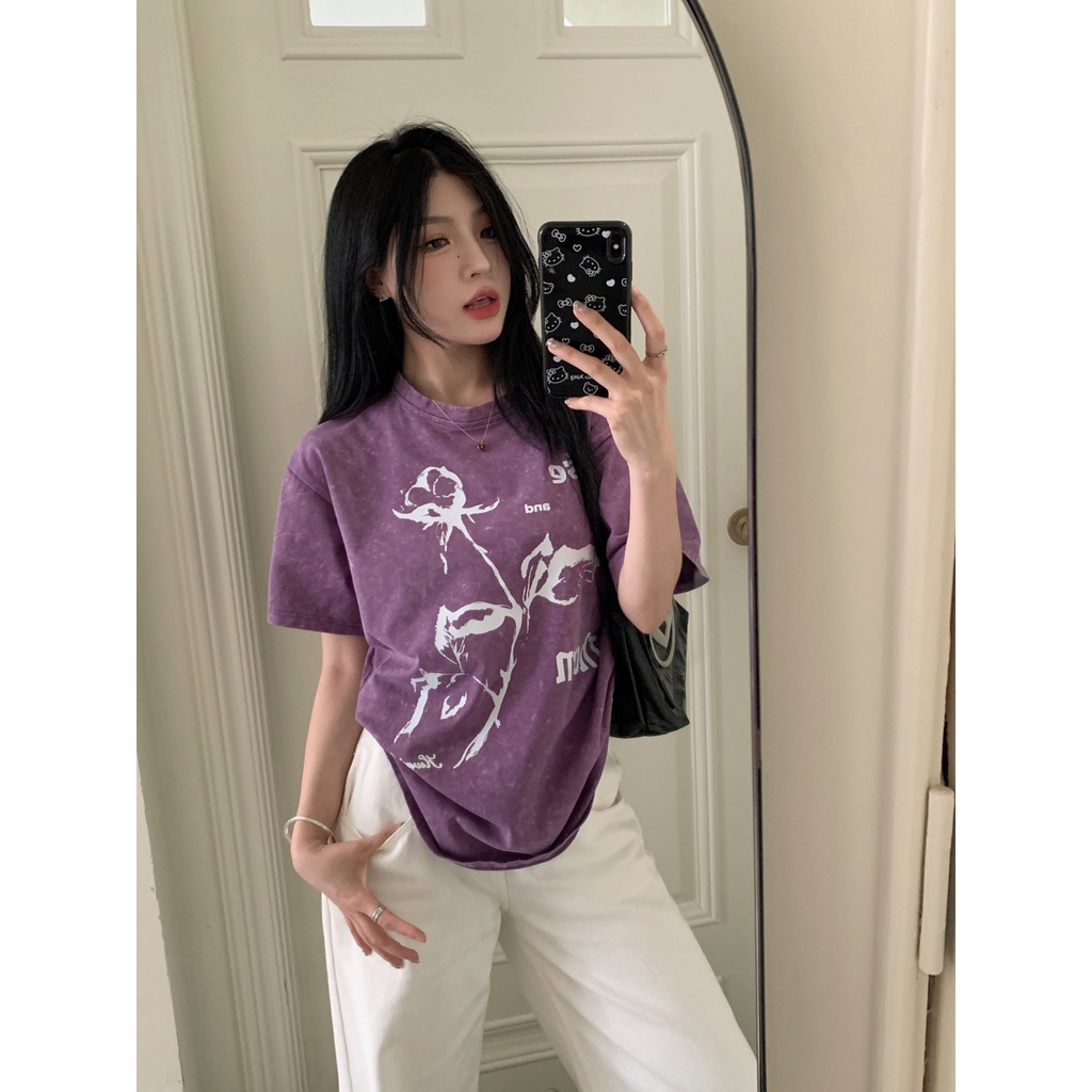 Đầm Thun T-shirt Tay Ngắn Cổ Tròn In Hình Giặt Cổ Điển Dành Cho Nữ